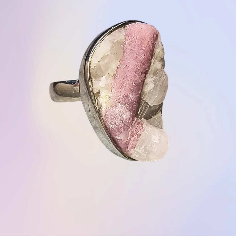 Sterling Silver Pink Tourmaline In Quartz Rough Crystal Ring